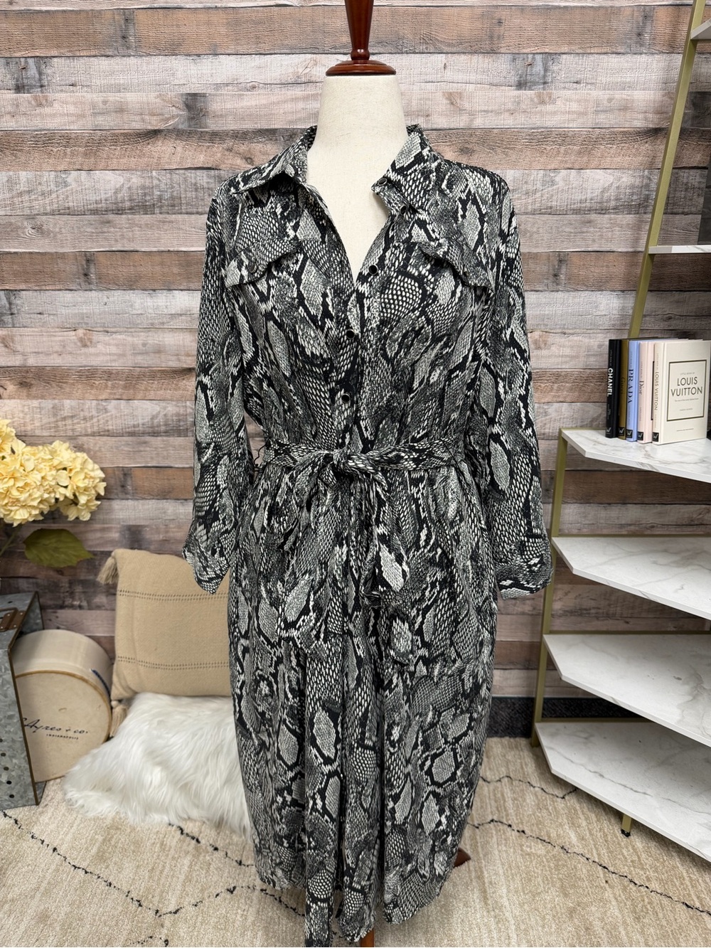 New York and Co. snakeskin print button up dress with belt